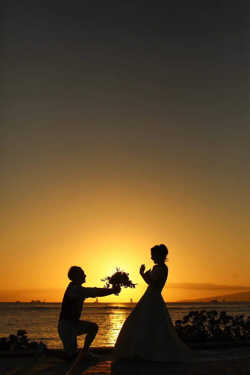 海に沈む夕日を背景に向き合うおふたり