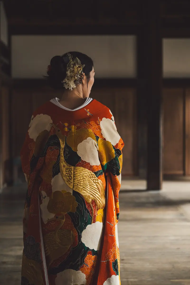 古いお寺の境内を歩く、打掛姿の後ろ姿
